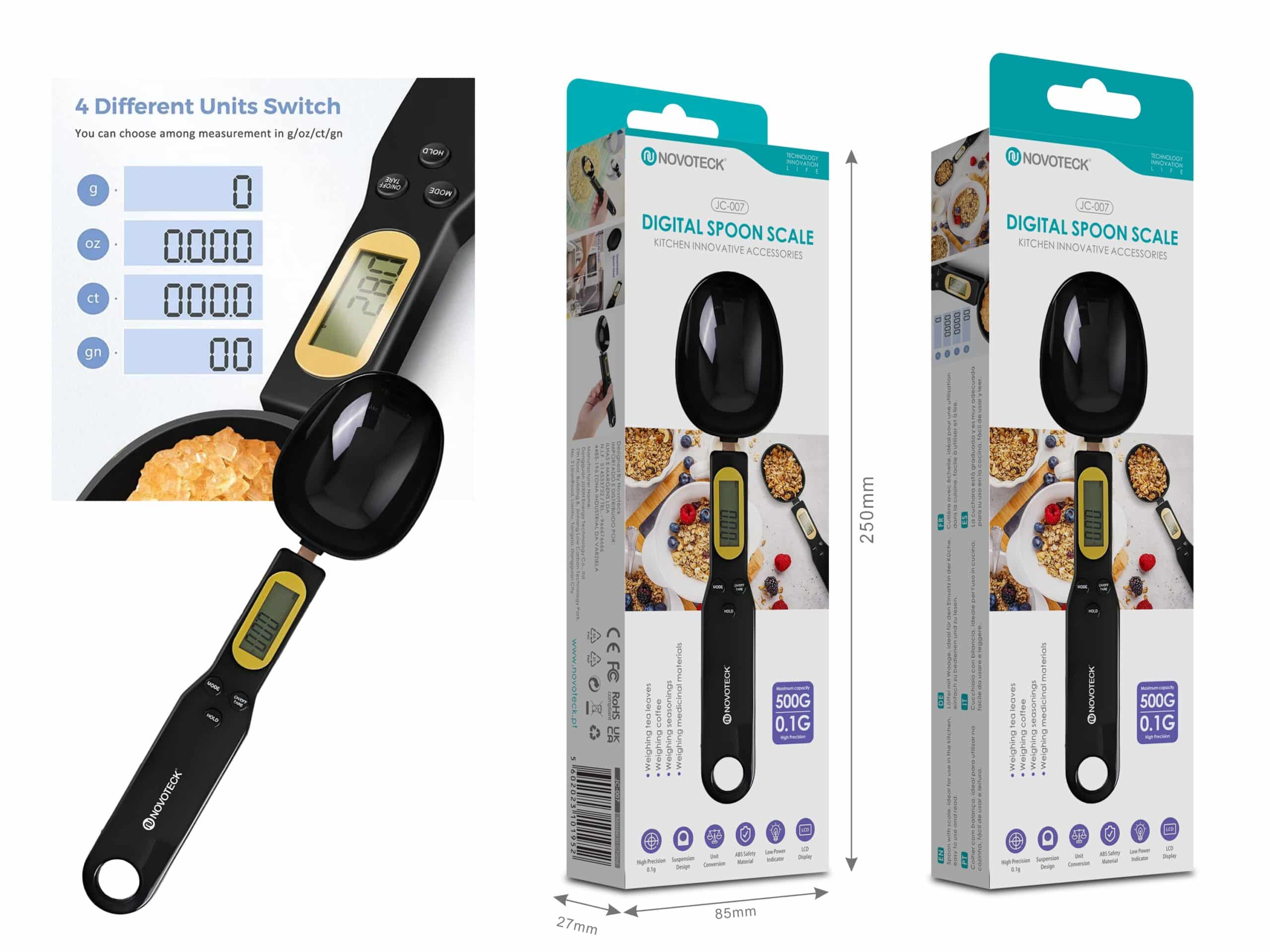 Balança de Colher Digital Novoteck JC-007 - Capacidade 500g, Precisão 0.1g, Display LCD, 4 Unidades de Medida, Colher Removível