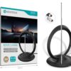 Antena de TV Interna Novoteck L-018 – Alcance de 35-50 Milhas, VHF/UHF, Rotação de 180°, Cabo de 3m, Design Anel Duplo, Conector IEC Masculino