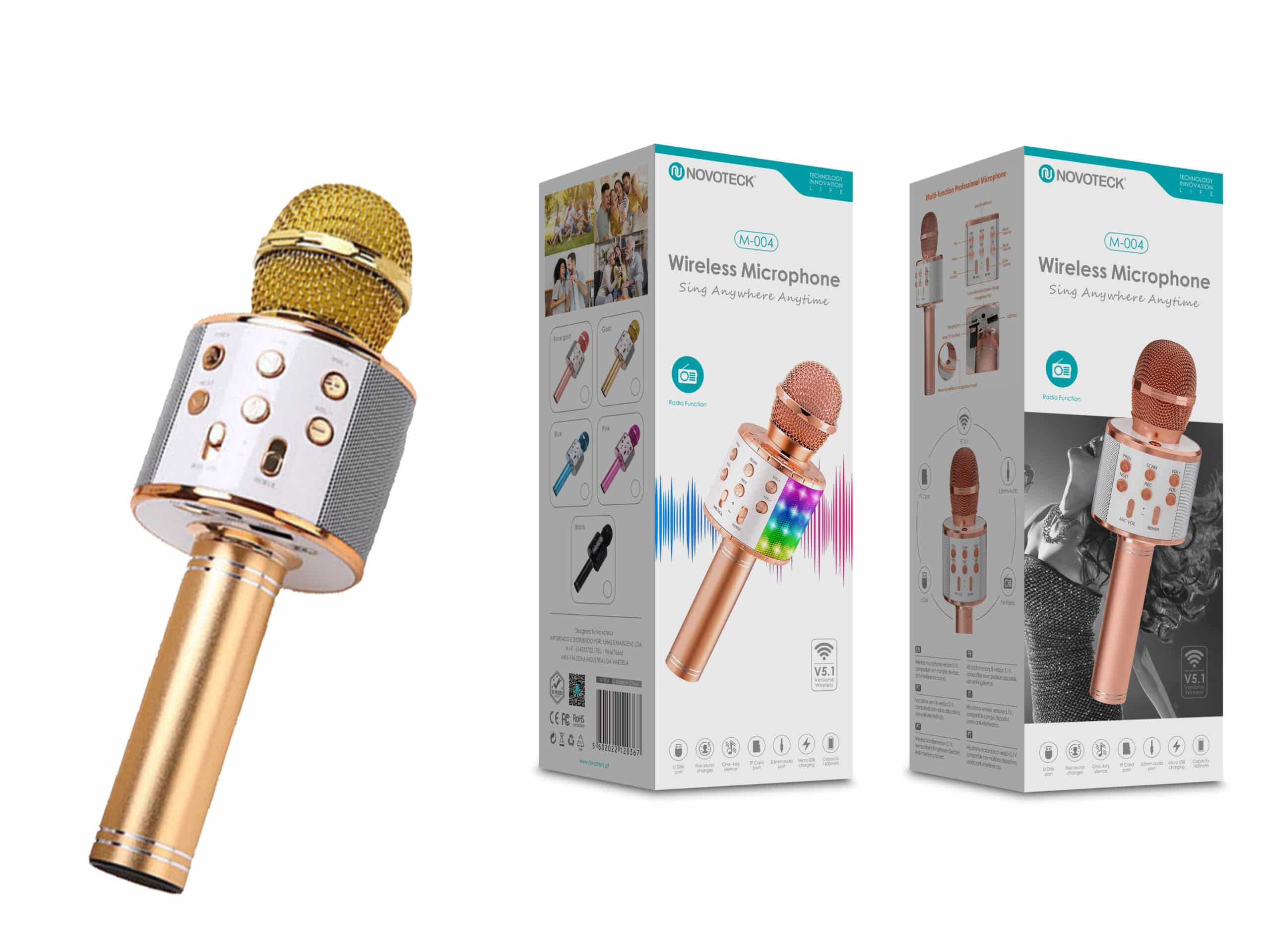 Microfone Bluetooth Sem Fios Dourado M-004 com Alto-Falante Integrado e Luz LED – Karaokê Portátil
