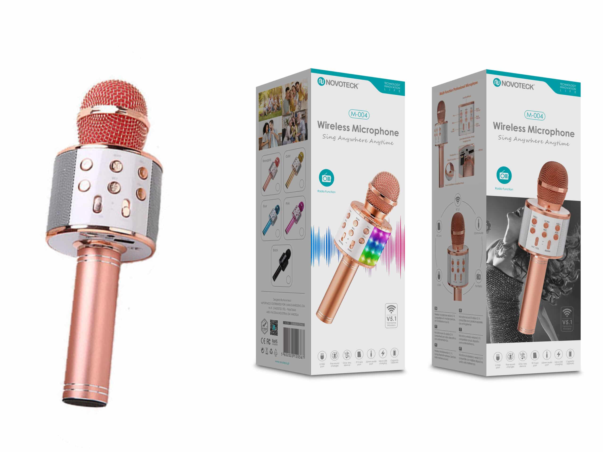 Microfone Bluetooth Sem Fios Rosa Gold M-004 com Alto-Falante Integrado e Luz LED – Karaokê Portátil