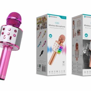Microfone Bluetooth Sem Fios Rosa M-004 com Alto-Falante Integrado e Luz LED – Karaokê Portátil