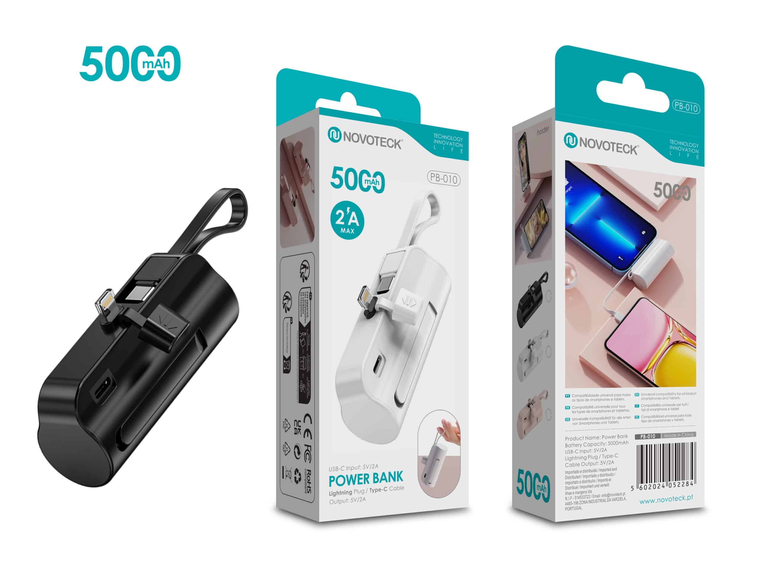 Power Bank 5000mAh PB-010 Negro - Design Compacto com Suporte e Cabo Integrado