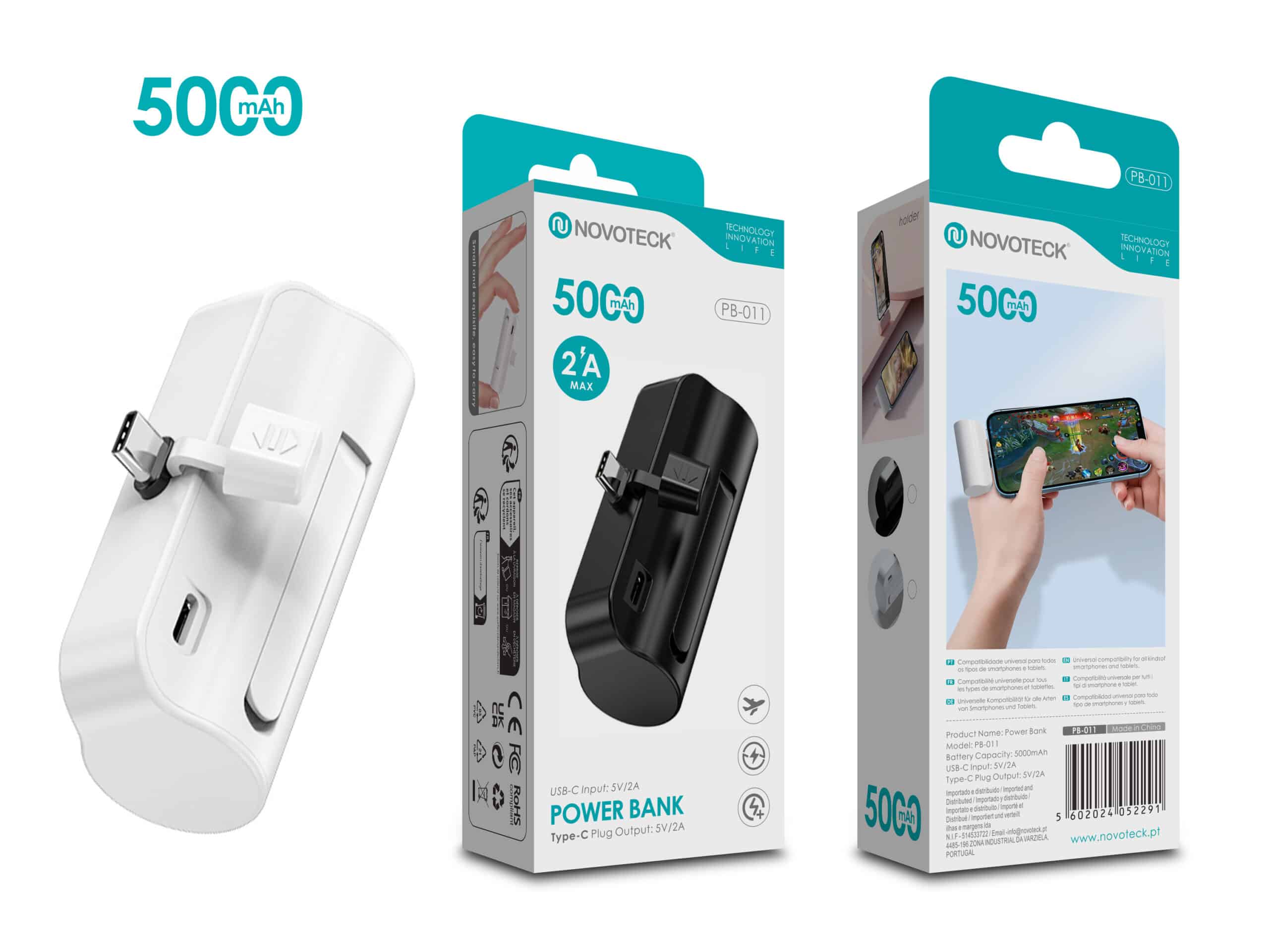 Power Bank 5000mAh PB-011 Branco - Design Compacto com Suporte para Smartphone