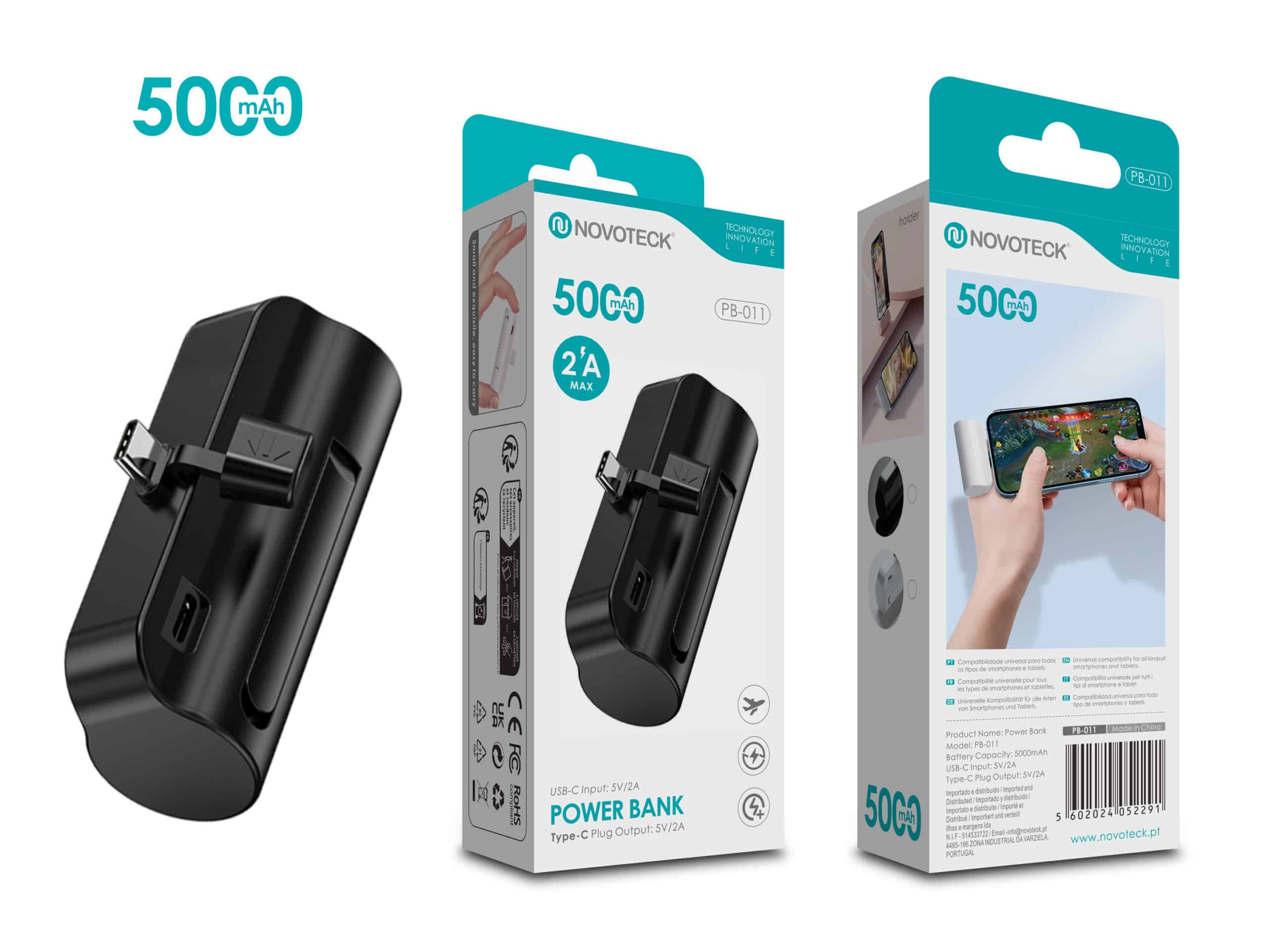 Power Bank 5000mAh PB-011 Negro - Design Compacto com Suporte para Smartphone