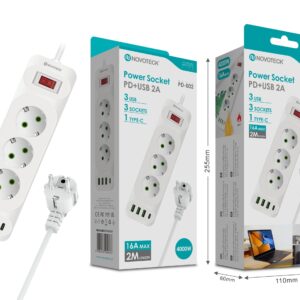 Extenção 2m com 3 tomads 3 usb 1 type-c PD-002 16A