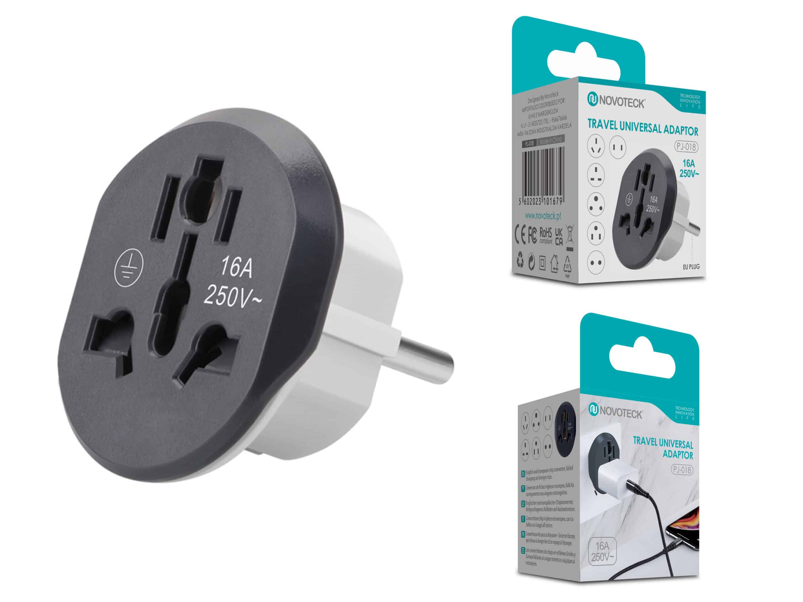 Adaptador Universal de Viagem Novoteck PJ-018 – Compatível Globalmente, 16A, 250V, Design Compacto, Preto