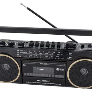 Rádio Portátil RETRO 80s AM/FM 2x 8W c/ Leitor Cassetes USB/SD - RICATECH