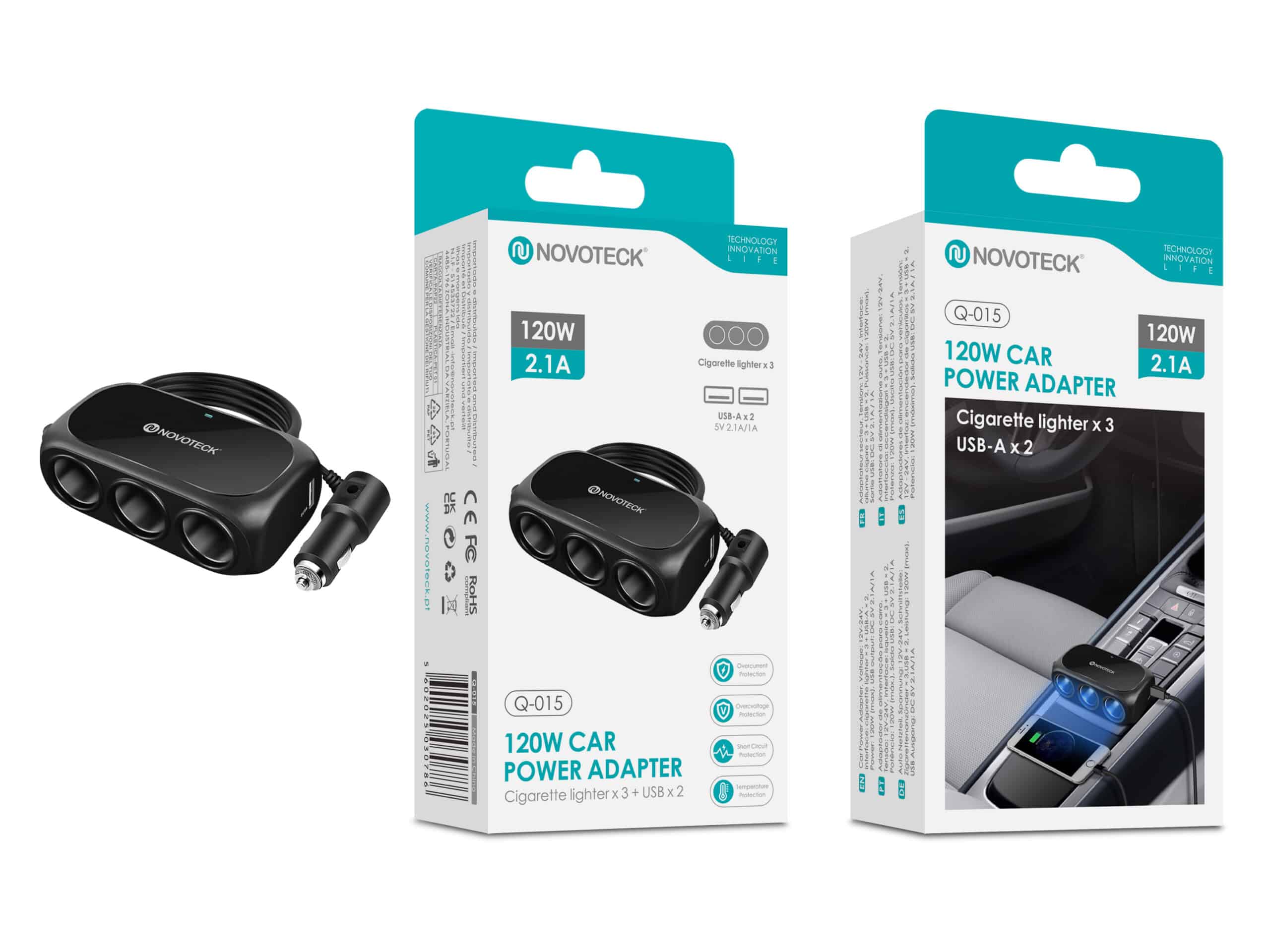 Adaptador de Isqueiro Novoteck Q-015 – 120W com 3 Tomadas de Isqueiro e 2 Portas USB-A, Saída 2.1A, Carregador Automóvel Universal