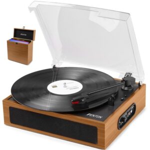 Gira Discos Bluetooth 33/45/78 RPM + Caixa de Armazenamento de Discos Vinil (Madeira Clara) - FENTON