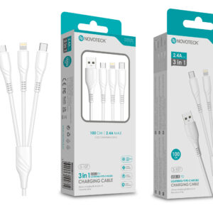 Cabo de Carregamento 3 em 1 NOVOTECK S-107 - USB para Lightning/Type-C/Micro-USB, 2.4A, 100cm