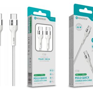 Cabo USB-C para USB-C NOVOTECK S-108 - PD 3.0 Quick Charge,66W,100cm,Branco,Trançado em Nylon