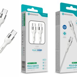 Cabo USB-C para USB-C NOVOTECK S-109 - PD 3.0 Quick Charge,66W,200cm,Branco,Trançado em Nylon