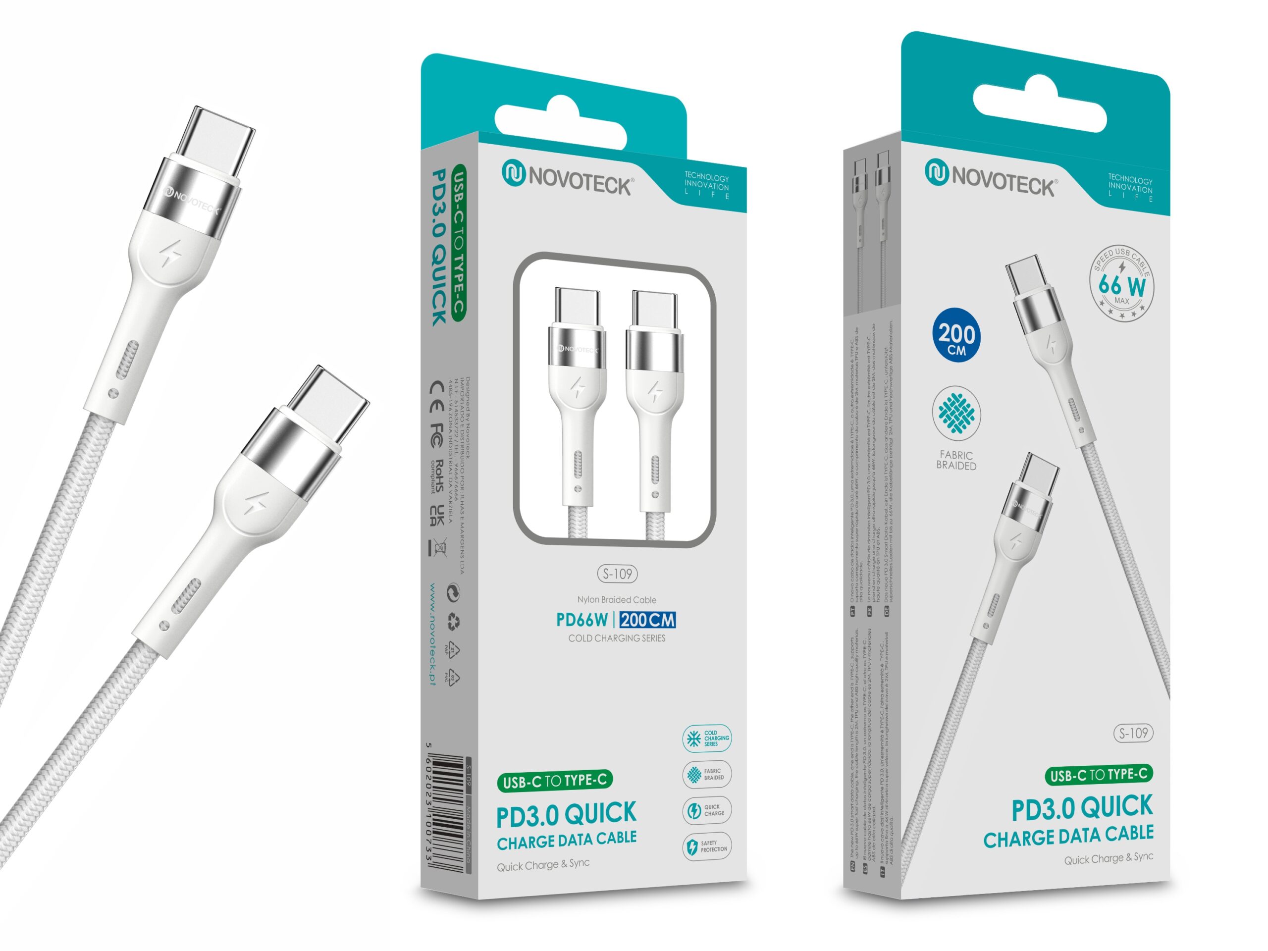 Cabo USB-C para USB-C NOVOTECK S-109 - PD 3.0 Quick Charge,66W,200cm,Branco,Trançado em Nylon