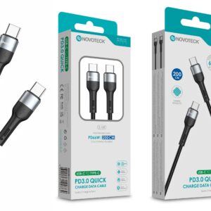 Cabo USB-C para USB-C NOVOTECK S-109 - PD 3.0 Quick Charge,66W,200cm,Negro,Trançado em Nylon
