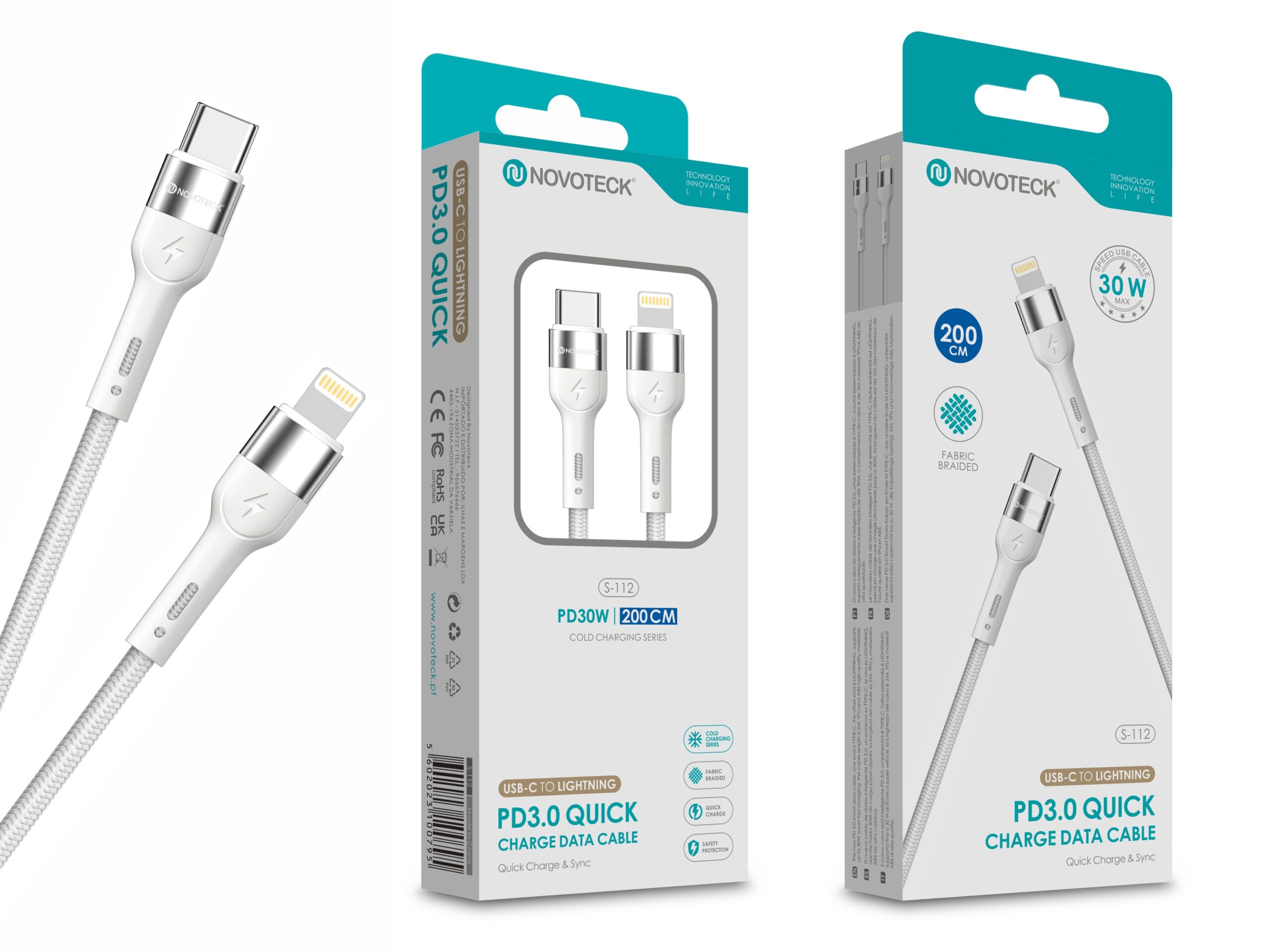 Cabo USB-C para Lightning NOVOTECK S-112 - PD 3.0, 30W, Branco,200cm,Trançado em Nylon