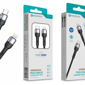 Cabo USB-C para Lightning NOVOTECK S-112 - PD 3.0, 30W, Negro,200cm,Trançado em Nylon