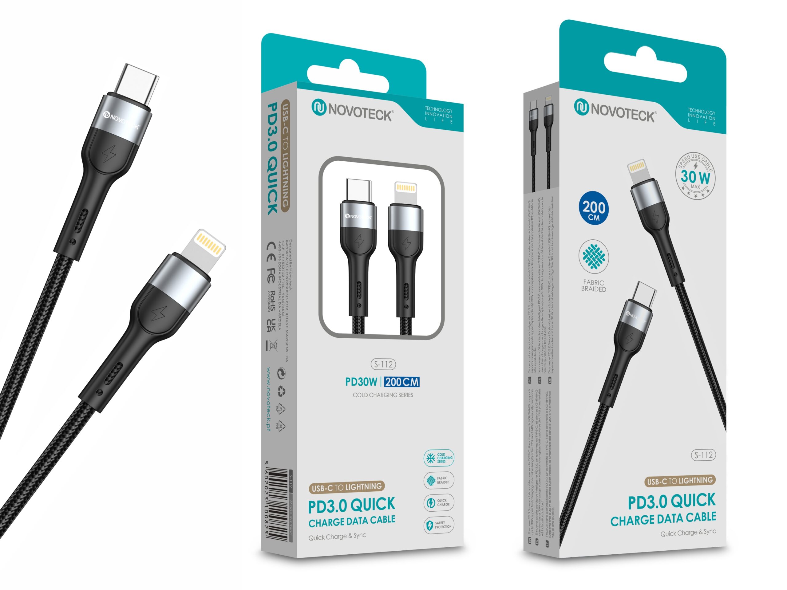 Cabo de Dados Trançado Nylon 3.1A Carregamento Rápido - Negro , USB-C to Lightinig , 2.0M