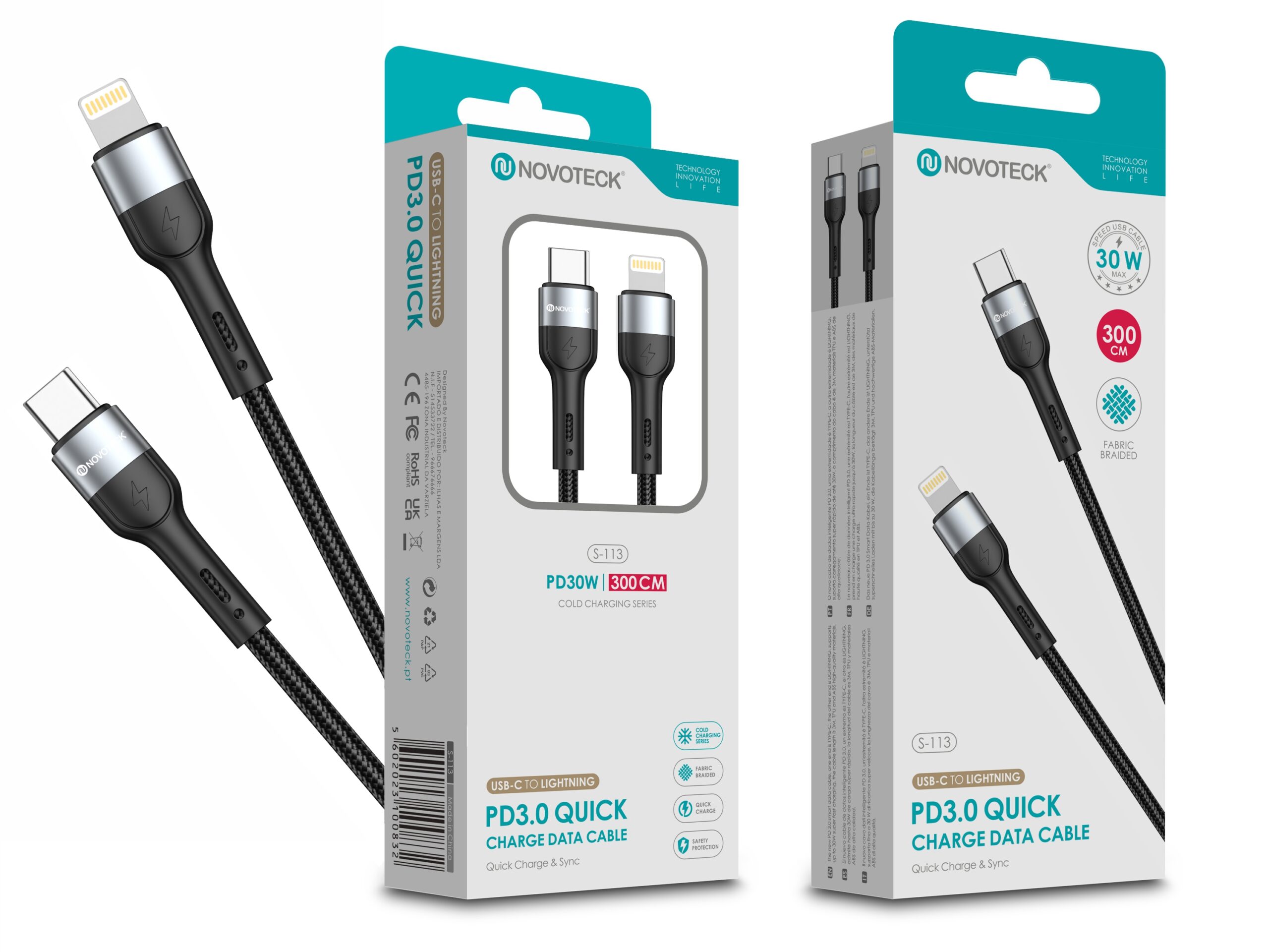 Cabo USB-C para Lightning NOVOTECK S-113 - PD 3.0, 30W, Negro,300cm,Trançado em Nylon