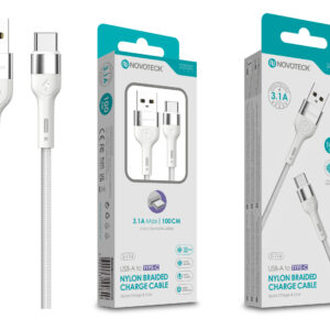 Cabo de Dados Trançado Nylon 3.1A Carregamento Rápido - Branco , Type-C USB , 1.0M