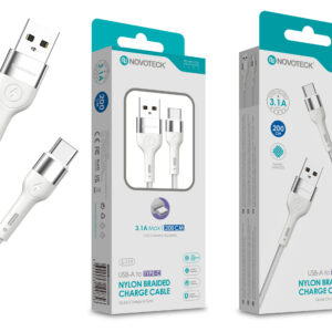Cabo Type-C NOVOTECK S-115 - Nylon Trançado, 3.1A, 200cm,Branco