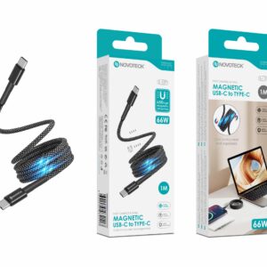 Cabo Magnético USB-C para USB-C Novoteck S-127 – 66W, 1 Metro, Revestimento em Nylon, Organizador em Espiral, Alta Velocidade