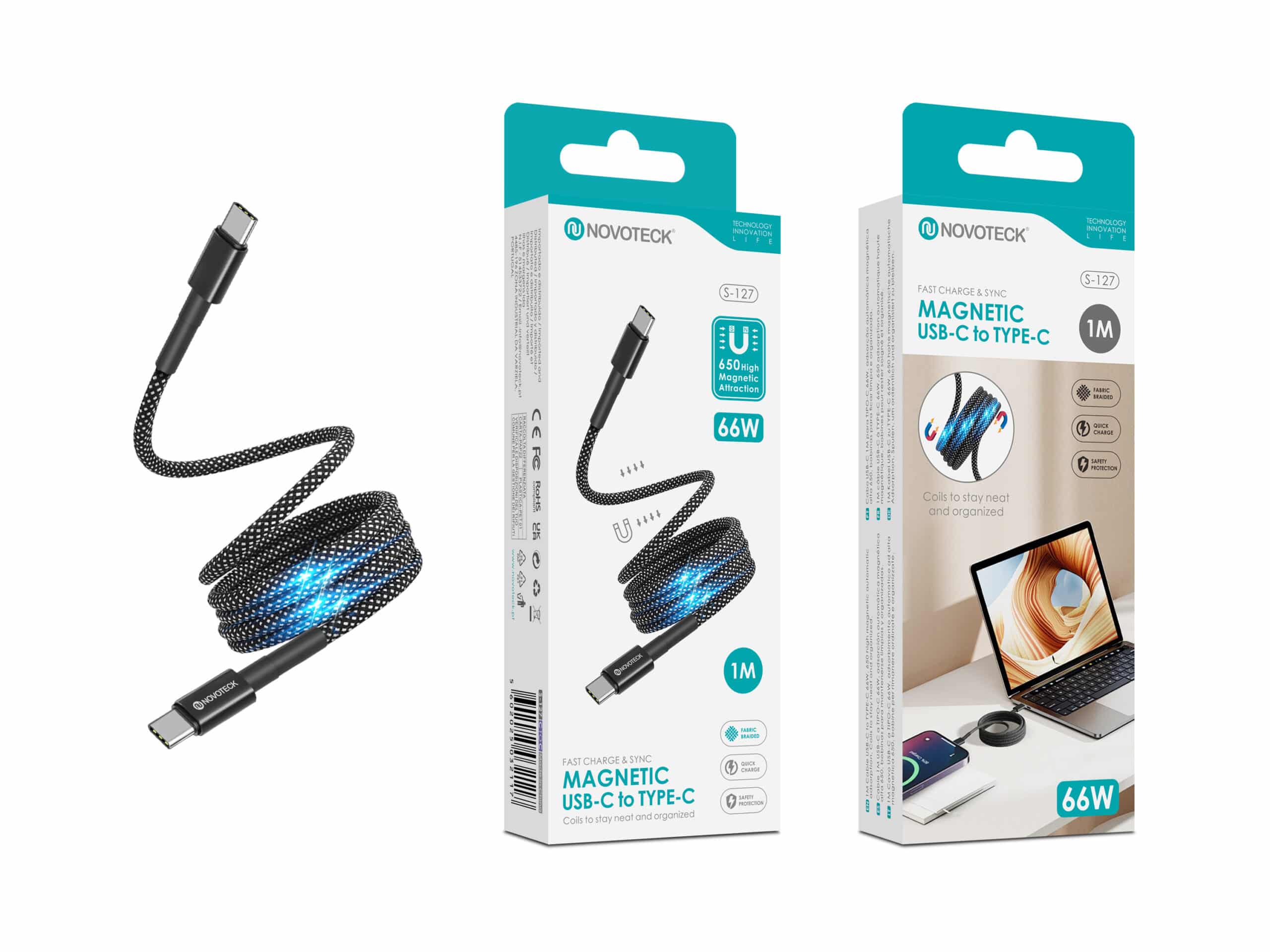 Cabo Magnético USB-C para USB-C Novoteck S-127 – 66W, 1 Metro, Revestimento em Nylon, Organizador em Espiral, Alta Velocidade