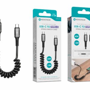 Cabo USB-C para USB-C Espiral Novoteck S-128 – 1.8M Extensível, 60W Power Delivery, Design Retrátil Tipo Mola