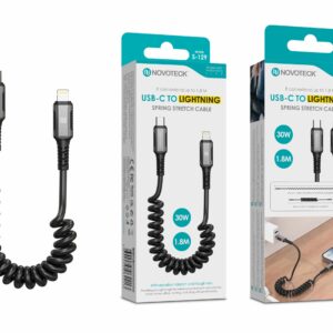 Cabo USB-C para Lightning Espiral Novoteck S-129 – 1.8M Extensível, 30W Power Delivery, Design Retrátil para iPhone e iPad