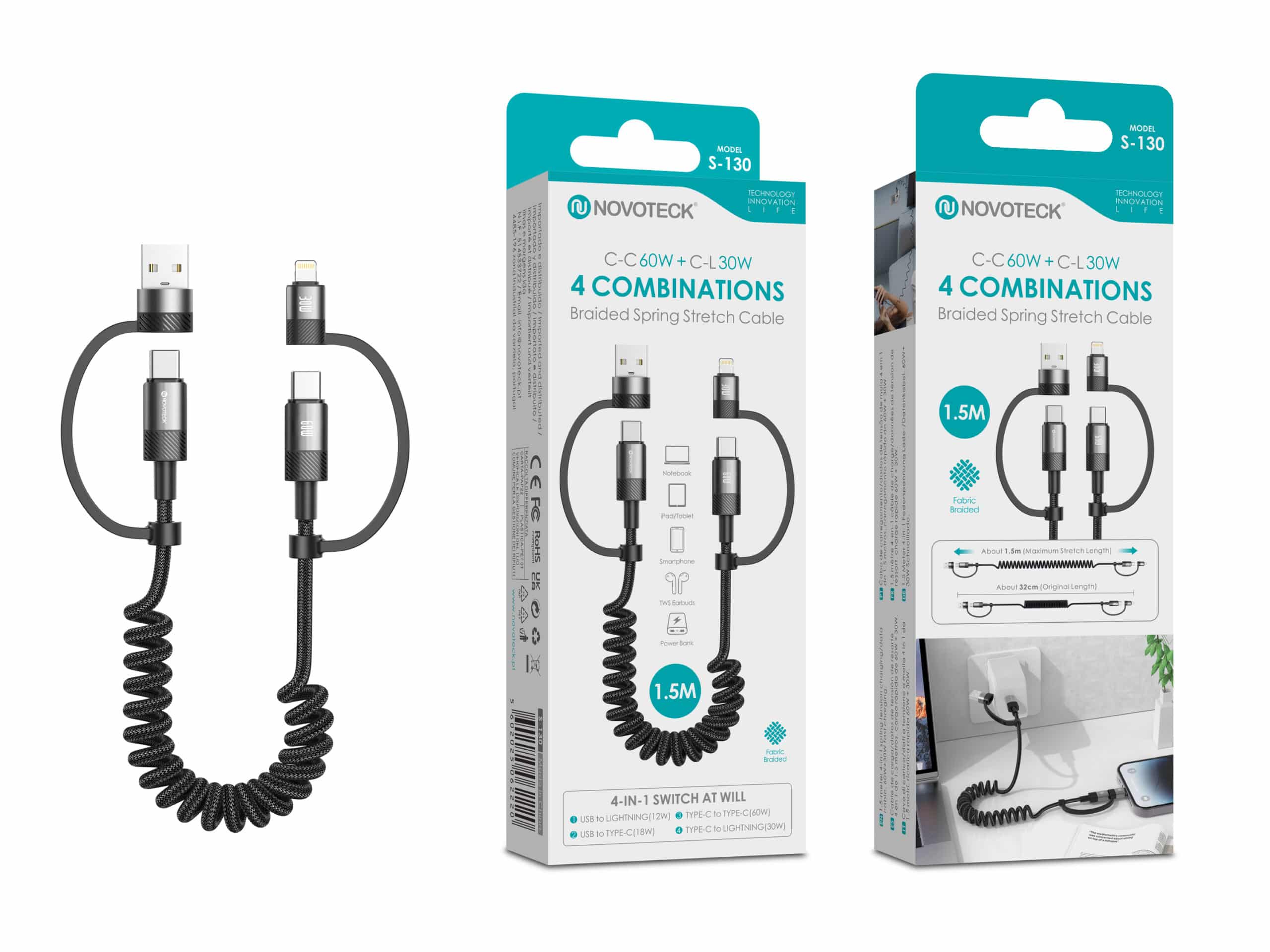 Cabo Retrátil 4 em 1 Novoteck S-130 – USB/USB-C para Lightning/USB-C, Espiral de 1.5M, Carga Rápida 60W/30W, Revestido em Tecido
