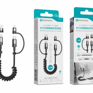 Cabo Retrátil 4 em 1 Novoteck S-130 – USB/USB-C para Lightning/USB-C, Espiral de 1.5M, Carga Rápida 60W/30W, Revestido em Tecido