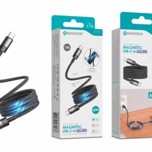 Cabo Magnético USB-C para USB-C Novoteck S-131 – 60W, 1 Metro, Organização Automática, Revestimento em Tecido, Alta Atração Magnética (650–700 Gauss)