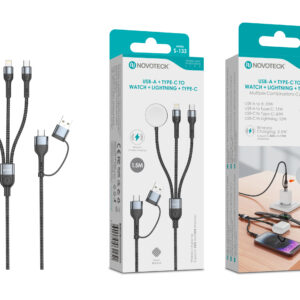 Cabo 3 em 1 Novoteck S-133 – USB-A/Type-C para Watch + Lightning + Type-C, 1.5M, 60W, Carregamento Wireless para Apple Watch e Dispositivos iOS/Android