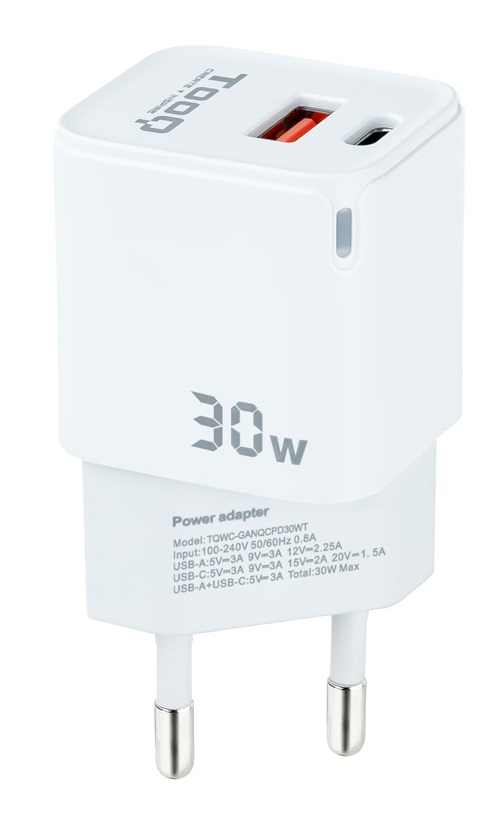 Carregador Universal USB-C/PD + USB-A/QC 30W (Branco) - TOOQ